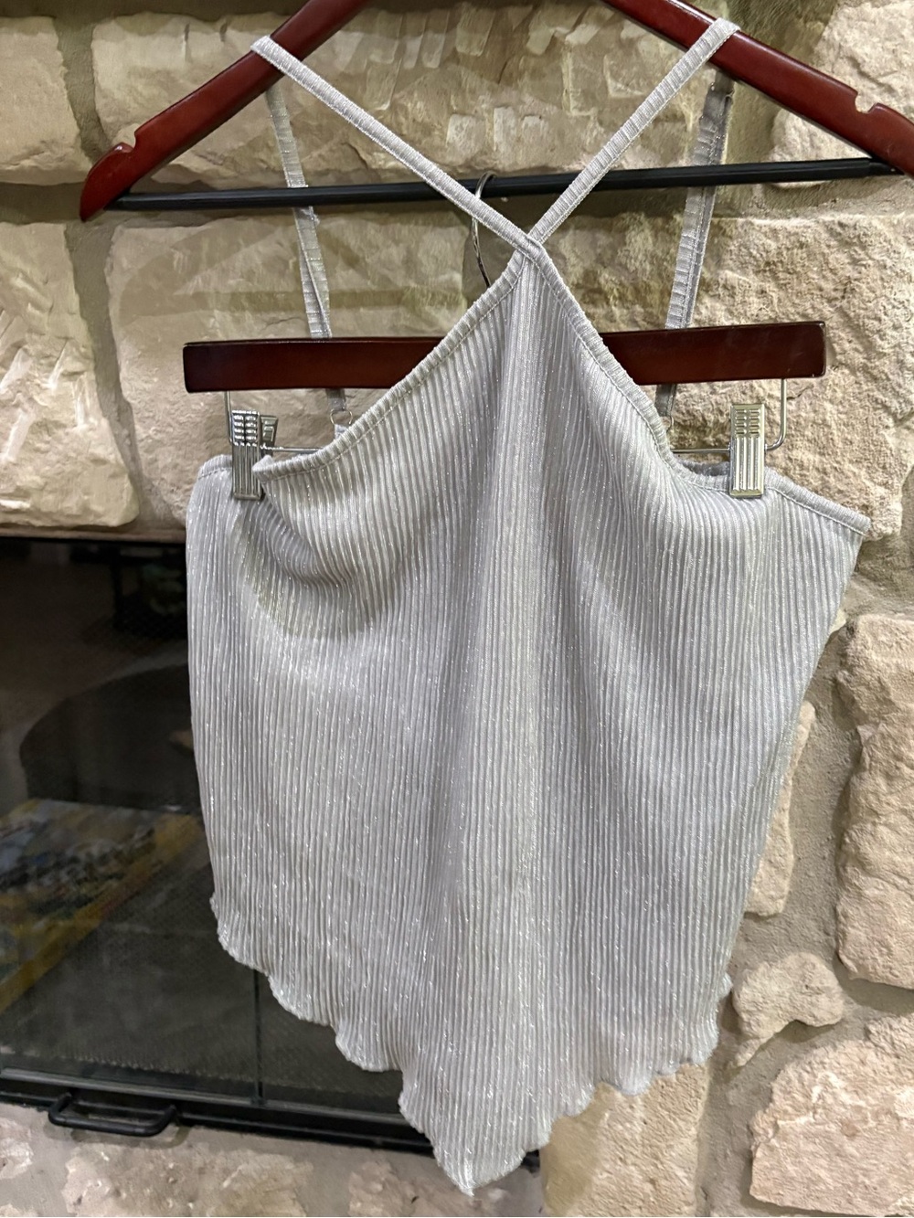 No Boundaries Silver Ribbed Sparkle Handkerchief Hem Cami